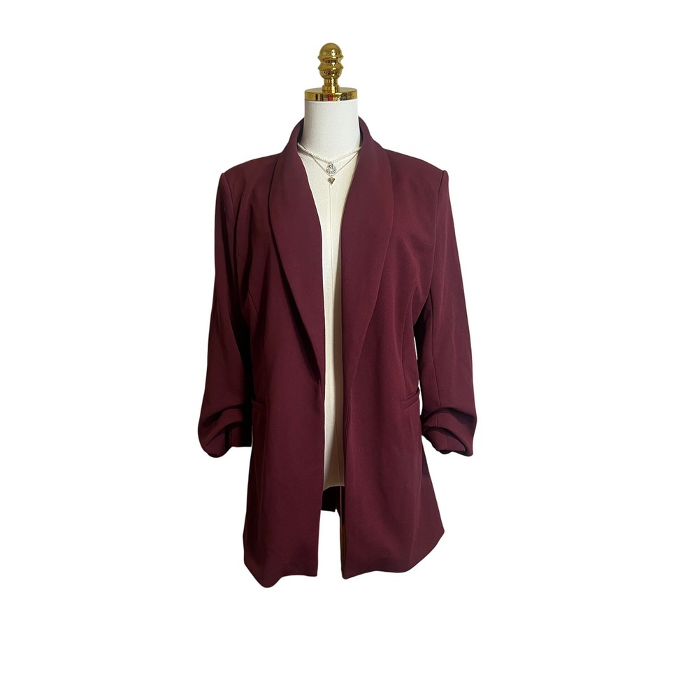 Fashion Nova Women Burgundy Shawl Collar Ruched 3/4 Sleeve Blazer Medium